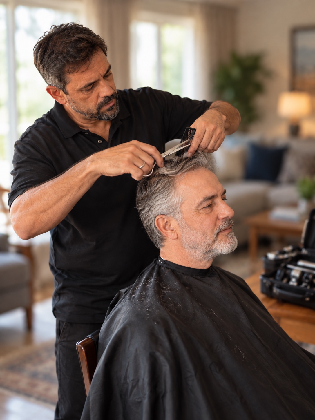 Barbeiro realizando corte em atendimento a domicílio